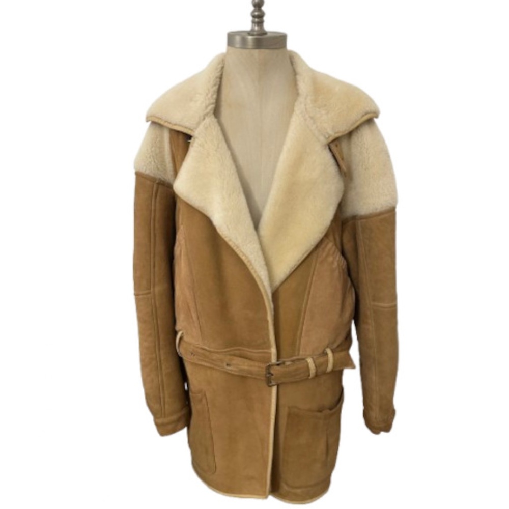 Vtg 80s Cognac French Shearling Belted Jacket Coat M